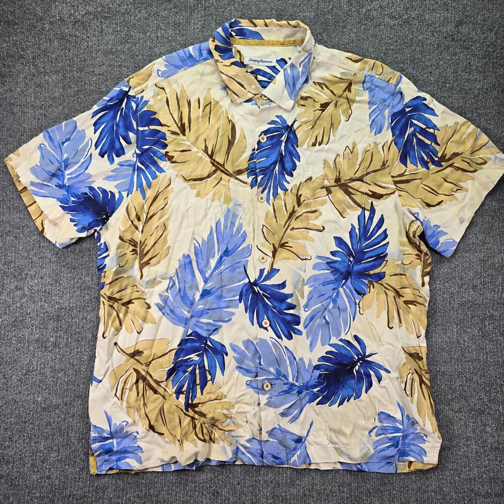 Tommy Bahama Shirt Mens XXL Cream Blue Silk Short Sleeve Hawaiian Floral Camp
